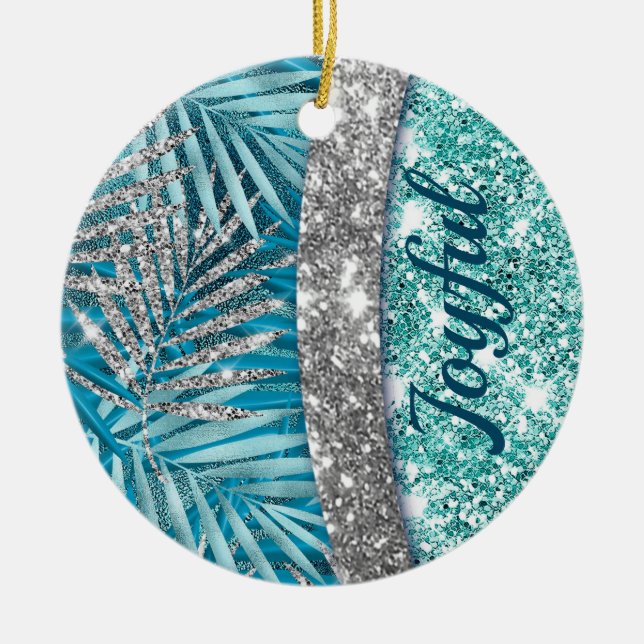 Girly teal grönt silver glitter löv monogram julgransprydnad keramik (Framsidan)