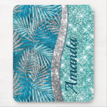 Girly teal grönt silver glitter löv monogram