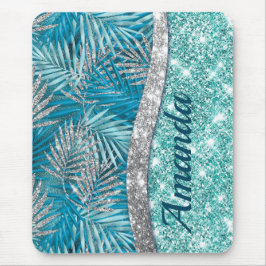 Girly teal grönt silver glitter löv monogram musmatta