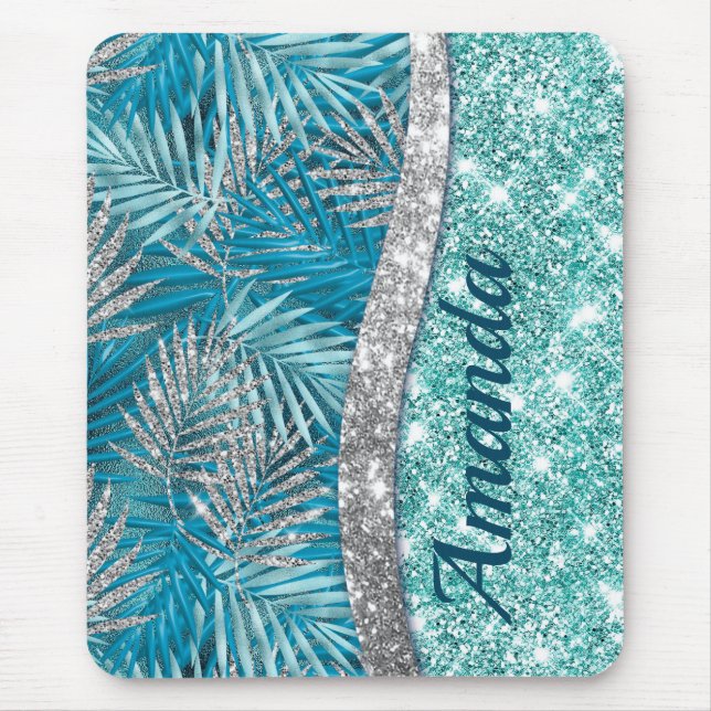 Girly teal grönt silver glitter löv monogram musmatta (Framsidan)