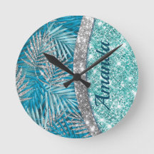 Girly teal grönt silver glitter löv monogram