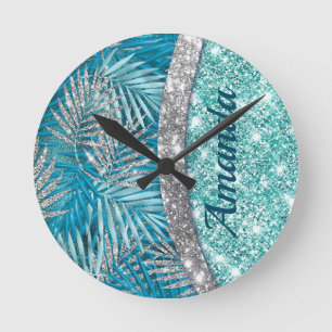 Girly teal grönt silver glitter löv monogram rund klocka