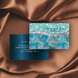 Girly teal grönt silver glitter löv monogram visitkort