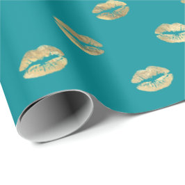 Girly Teal Guld Kiss Läppar Mönster Presentpapper