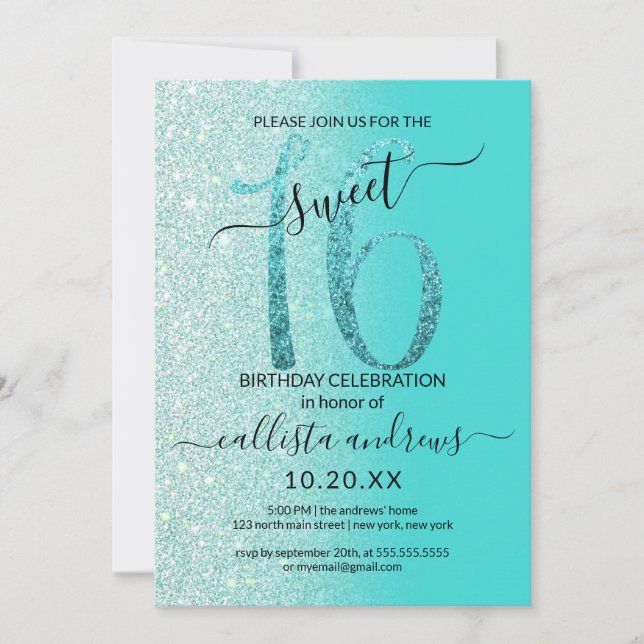 Girly Teal Mint Grönt Glitter Ombre Sweet 16 Inbjudningar (Framsida)