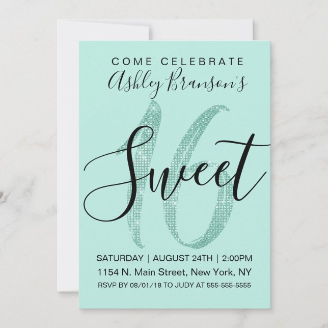Girly Teal Mint Grönt Sequin Glitter Sweet 16 Inbjudningar (Framsida)