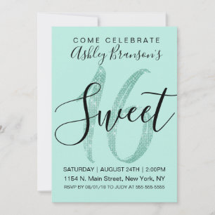 Girly Teal Mint Grönt Sequin Glitter Sweet 16 Inbjudningar