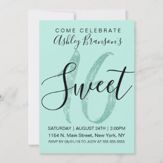 Girly Teal Mint Grönt Sequin Glitter Sweet 16 Inbjudningar