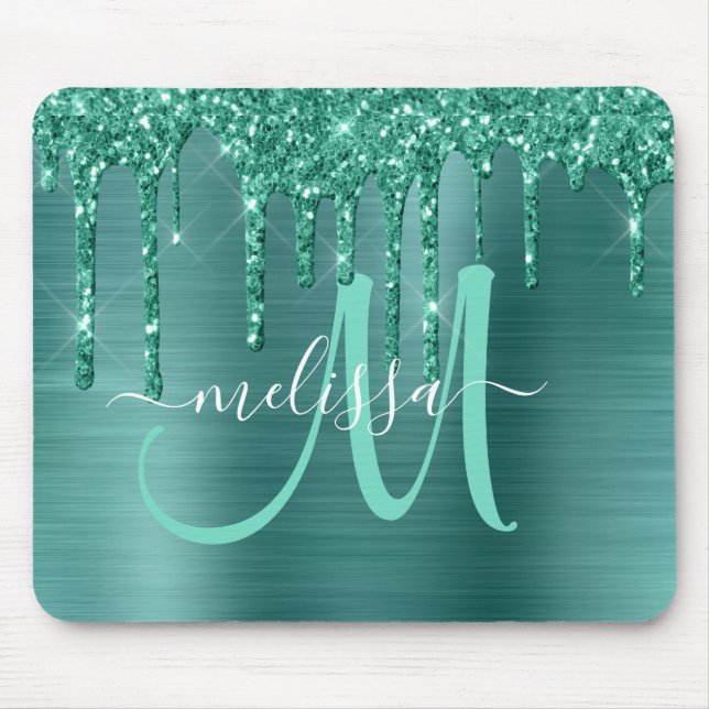 Girly Teal Push Glitter Metall Monogram Musmatta (Framsidan)