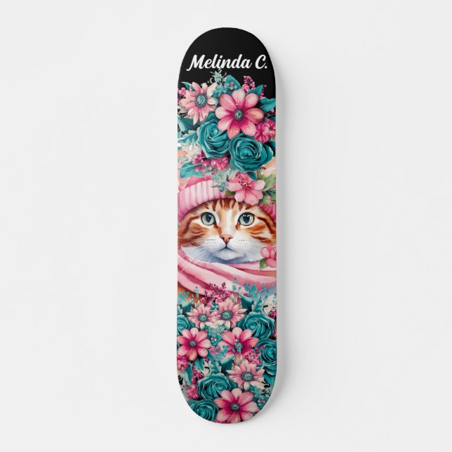 Girly Teal & Rosa Flowers Jul Kitten Mini Skateboard Bräda 18,5 Cm (Framsida)