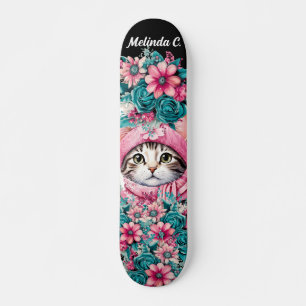 Girly Teal & Rosa Flowers Jul Kitten Mini Skateboard Bräda 18,5 Cm