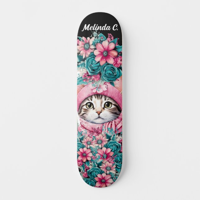 Girly Teal & Rosa Flowers Jul Kitten Mini Skateboard Bräda 18,5 Cm (Framsida)