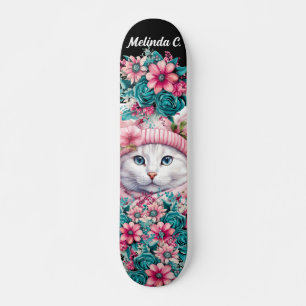 Girly Teal & Rosa Flowers Jul Kitten Mini Skateboard Bräda 18,5 Cm