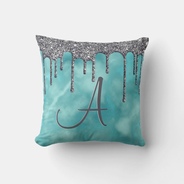Girly Teal Silver Gnistra Glitter Drip Monogram Kudde (Framsida)