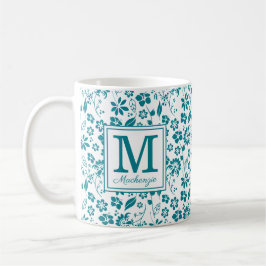 Girly Teal Turcos Tropical Flowers Monogram Kaffemugg