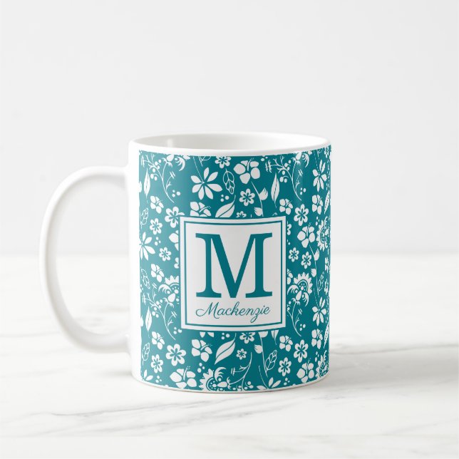Girly Teal Turcos Tropical Flowers Monogram Kaffemugg (Vänster)
