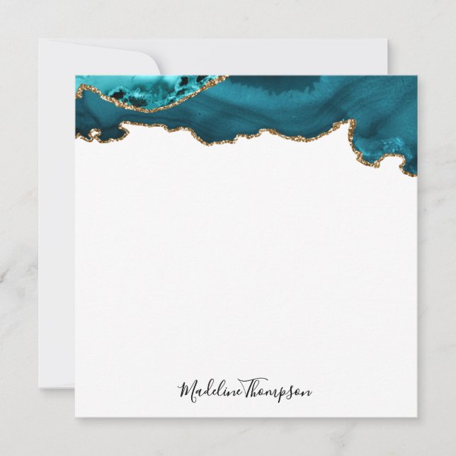 Girly Teal Velvet Agate Geode Script Square Anteckningskort (Framsida)