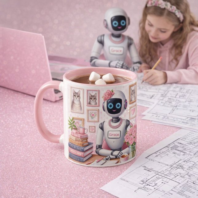 Girly Tech AI Robot Grace Rosa Glitter  Mugg (Girly Tech Mug: cozy cocoa, pink sparkle desk, and AI dreams brewed for creative minds.)