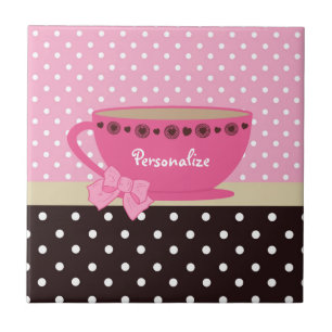 Girly Tekopp Rosa och Brown Polka Dot Bow och Namn Kakelplatta