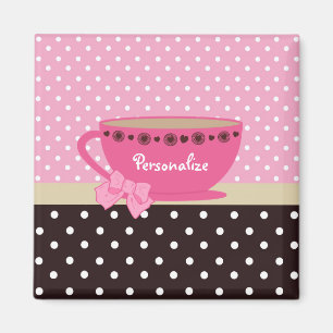 Girly Tekopp Rosa och Brown Polka Dot Bow och Namn Magnet