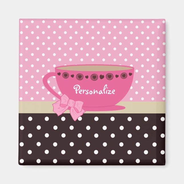 Girly Tekopp Rosa och Brown Polka Dot Bow och Namn Magnet (Framsidan)