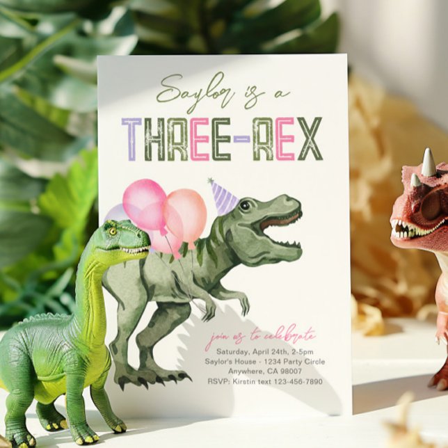 Girly Three-Rex Dinosaur Birthday-inbjudan Inbjudningar (Skapare uppladdad)