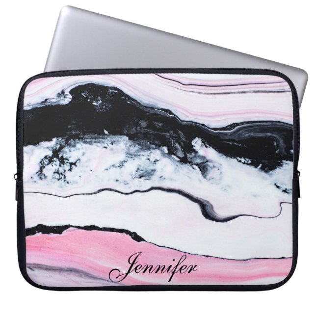 Girly TRENDIG BLACK WHITE ROSA MARBLE Add ERA NAME Laptop Sleeve (Framsidan)