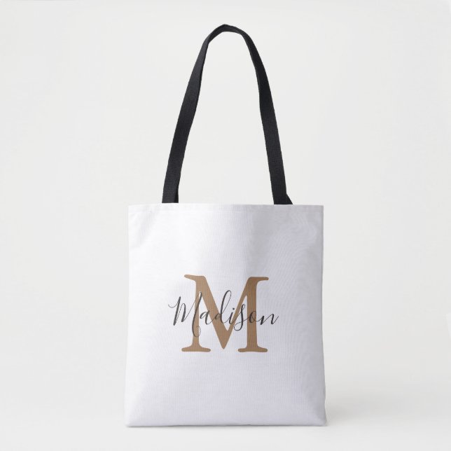 Girly Trendig Brown Guld Monogram Tygkasse (Framsida)