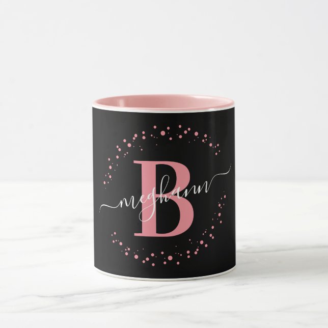 Girly Trendig Rosa Black Namn Monogram Script Kaff Mugg (Center)