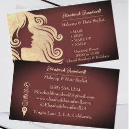 Girly Trendig Vin Red & Guld Makeup Hairstylist Visitkort