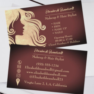 Girly Trendig Vin Red & Guld Makeup Hairstylist Visitkort