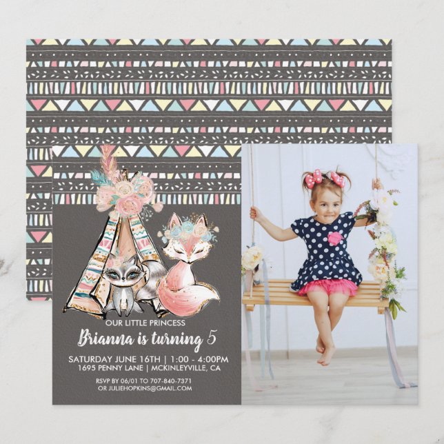 Girly Tribal Boho Födelsedagsfest inbjudan (Fram/baksida)