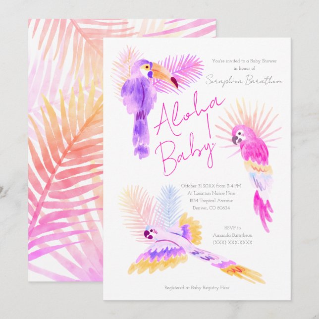 Girly Tropical Parrots Hawaiian Aloha Baby Shower Inbjudningar (Fram/baksida)