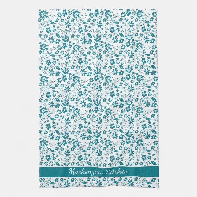 Girly Tropical Teal Turcoise Flowers Kökshandduk (Vertikal)