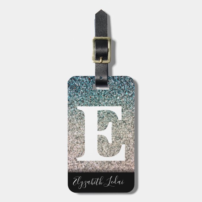 Girly Turcos Blue Silver Ombre Glitter Sparkles Bagagebricka (Vertikal Framsida)