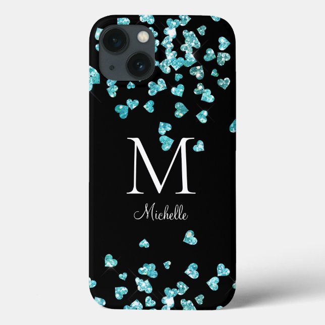 Girly Turkvoise Glitter Hearts Monogram (Baksida)