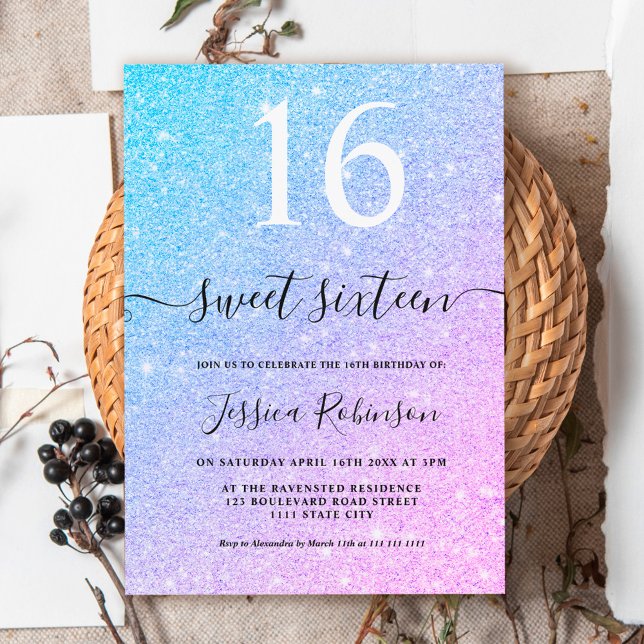 Girly Unicorn glitter sparkles chic Sweet 16 Inbjudningar (Skapare uppladdad)