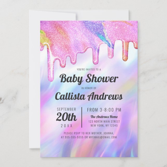 Girly Unicorn HoloGraph Glitter Drip Baby Shower Inbjudningar (Framsida)