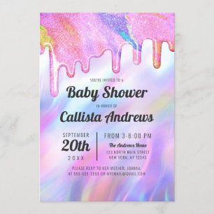 Girly Unicorn HoloGraph Glitter Drip Baby Shower Inbjudningar