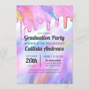 Girly Unicorn HoloGraph Glitter Drips Studenten Inbjudningar