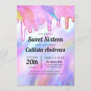 Girly Unicorn HoloGraph Glitter Drips Sweet 16 Inbjudningar