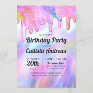 Girly Unicorn HoloGraph Glitter Drives Birthday Inbjudningar