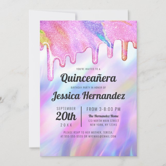 Girly Unicorn HoloGrapp Glitter Drip Quinceañera Inbjudningar (Framsida)
