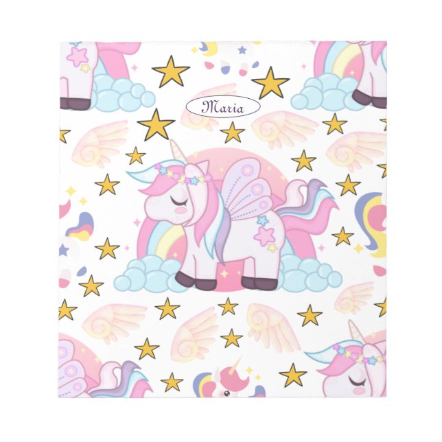 Girly Unicorn Rainbow Stars eget namn Anteckningsblock (Framsida)