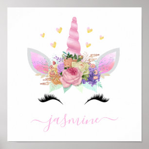 Girly Unicorn Rosa Blommigt  Script Namn Poster