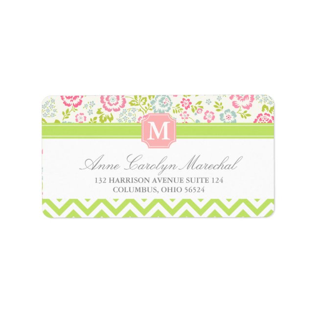 Girly Vår Blommigt Chevron Personlig Monogram Adressetikett (Framsidan)