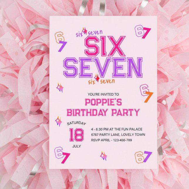Girly Varsity Pink Purple 6 7 Meme Birthday Party Inbjudningar (6 7 girls birthday invitation in pink and purple, with girly varsity typography design)