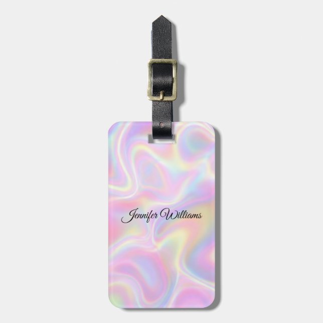 Girly Vibrant Pastel Holographic Swirl Design      Bagagebricka (Vertikal Framsida)