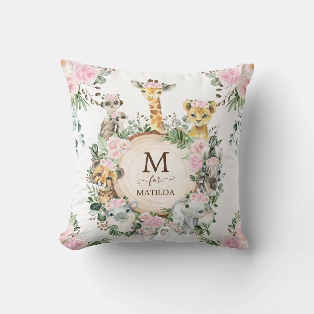 Girly Vild Safari Jungle Animals Rosa Flowers Kudde (Framsida)