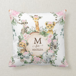 Girly Vild Safari Jungle Animals Rosa Flowers Kudde